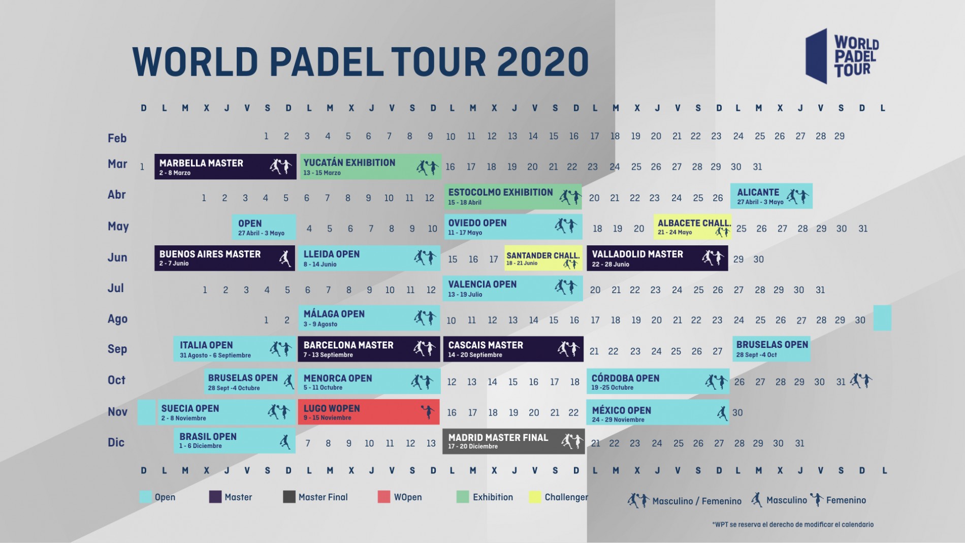 El calendario World Padel Tour de 2020.